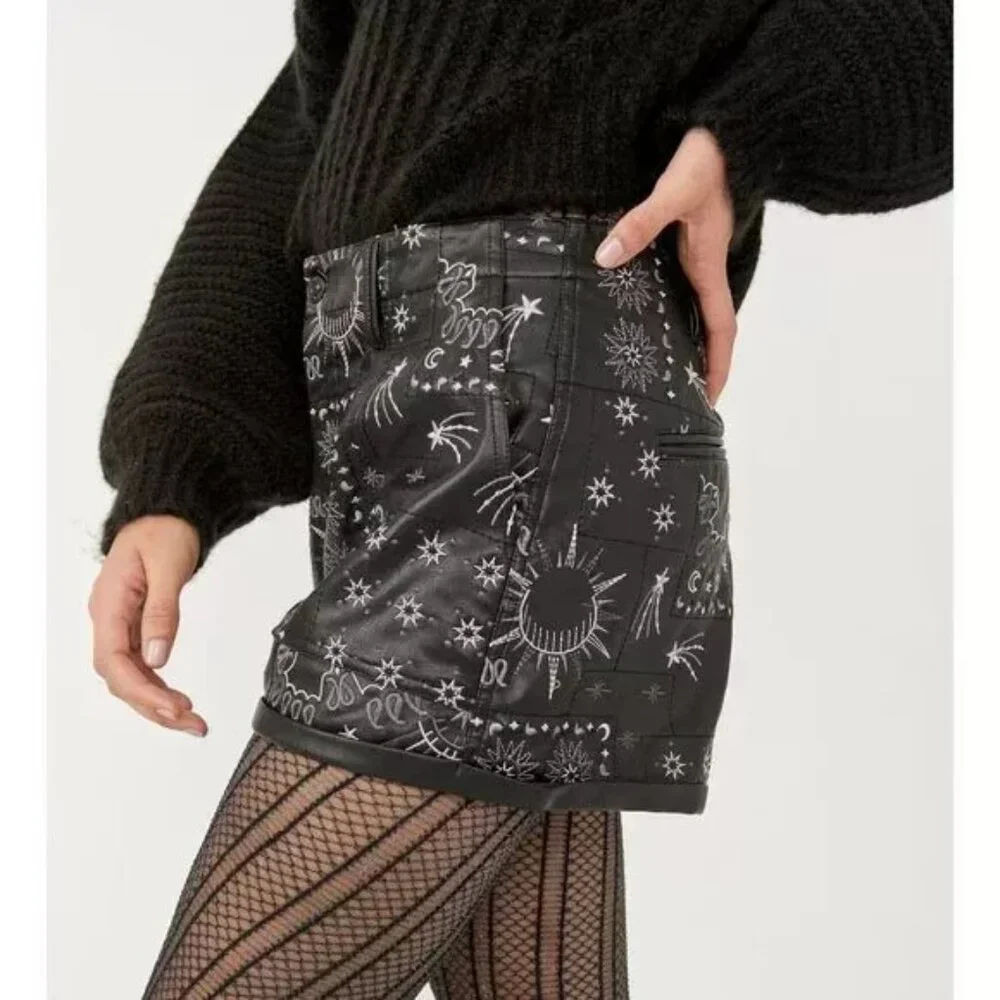 Free People shorts size 6 Raise The Stakes Black Faux Leather Embroidered. NWT - Picture 4 of 8